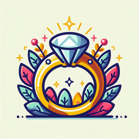 Wedding ring with a diamond and leaves. Vector illustration.のイラスト素材