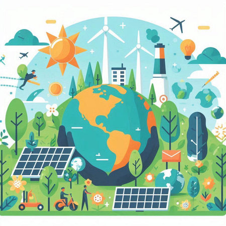 Ecology concept in flat style. Solar panels, windmills, solar panels, electric scooters, wind turbines, solar panels and people. Vector illustration.のイラスト素材