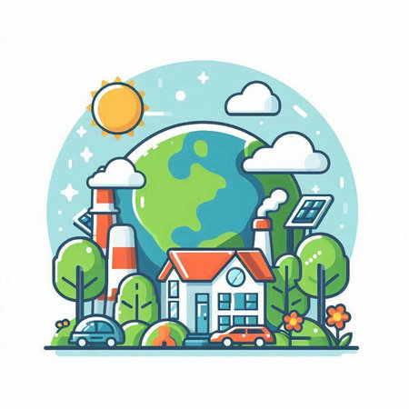 Ecology concept. Vector illustration of eco-friendly city with green houses, trees, solar panels and wind turbines.のイラスト素材