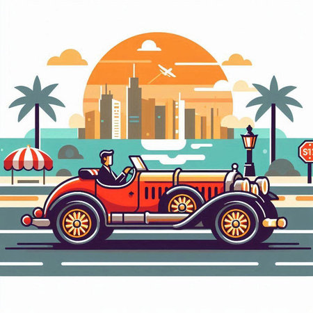 Retro car on the background of the city. Vector illustration.のイラスト素材