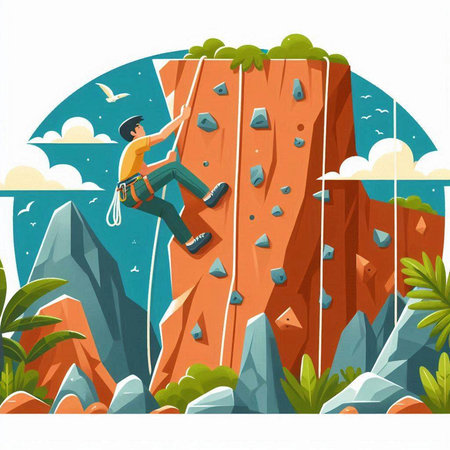 Cartoon rock climber climbing on a cliff. Vector illustration.のイラスト素材