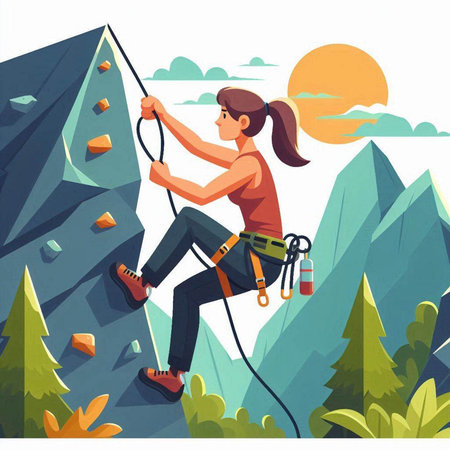 Climber girl climbs on a cliff. Flat vector illustration.のイラスト素材