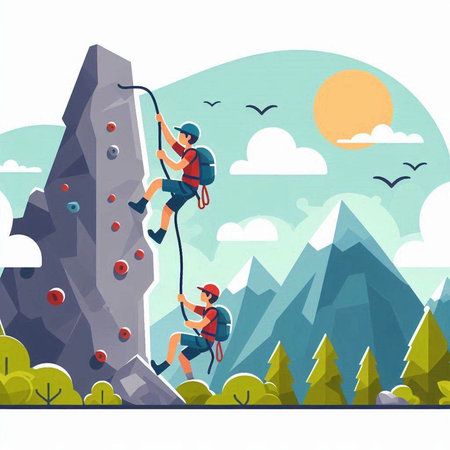 Climbing in the mountains. A man climbs a rock. Vector illustrationのイラスト素材