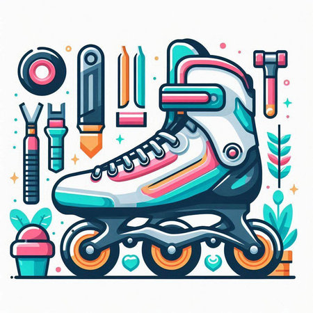 Roller skates, skateboard, skateboard, rollerblading. Vector illustrationのイラスト素材