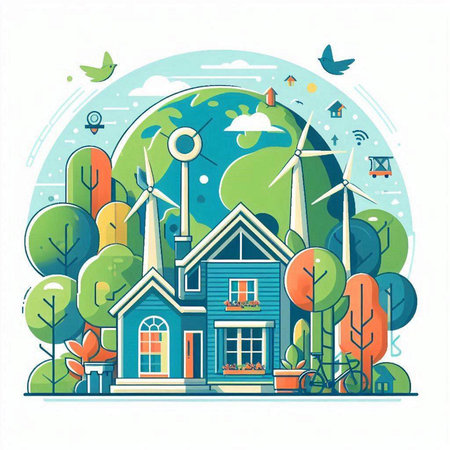 Ecology concept. Eco friendly house and windmills. Vector illustrationのイラスト素材