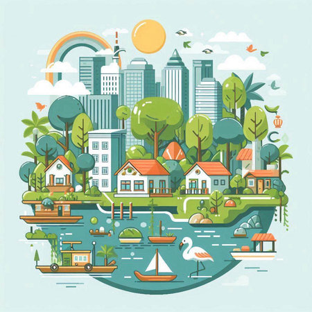 City landscape with houses, trees and boats. Vector illustration in flat styleのイラスト素材