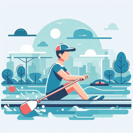 Man in a cap rowing on a lake. Flat vector illustration.のイラスト素材