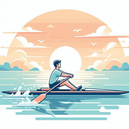 Young man in a rowing boat on the sea, vector illustrationのイラスト素材