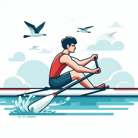 Young man rowing on paddle board. Vector illustration in flat styleのイラスト素材