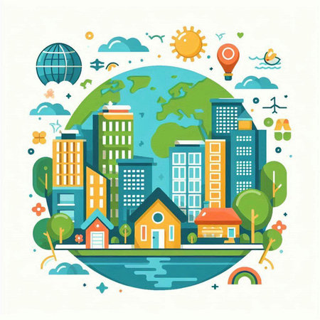 City in flat style. Urban landscape with houses, trees and buildings. Vector illustration.のイラスト素材