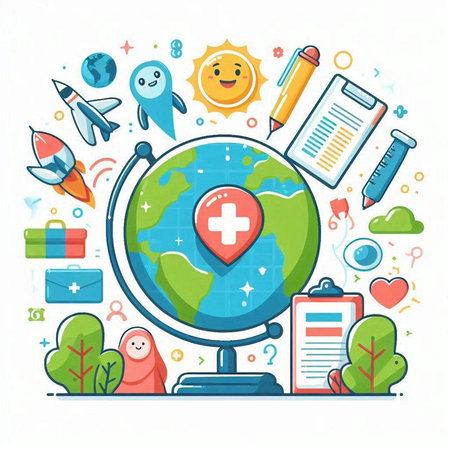 Vector illustration of globe with medical icons. World Health Day concept.のイラスト素材