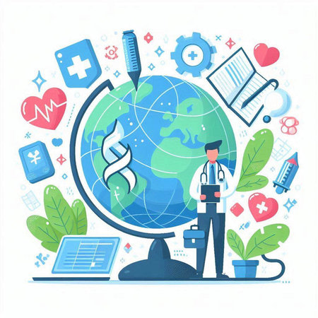 Doctor with stethoscope around the globe. Flat vector illustration.のイラスト素材