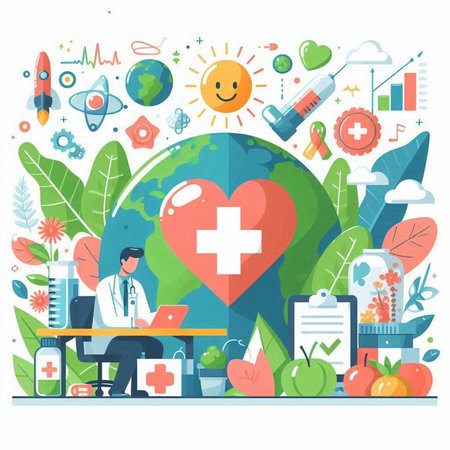 Vector flat illustration of World Health Day. Medical and healthcare concept.のイラスト素材