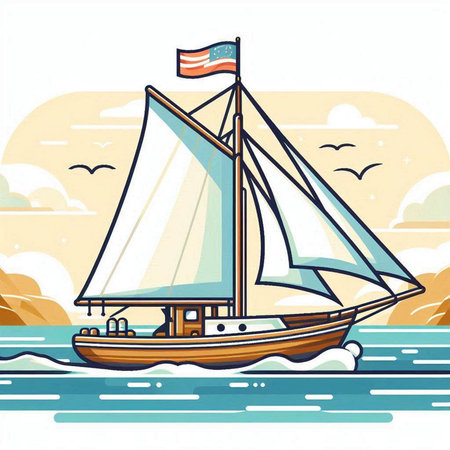Sailboat on the sea in retro style. Vector illustration.のイラスト素材