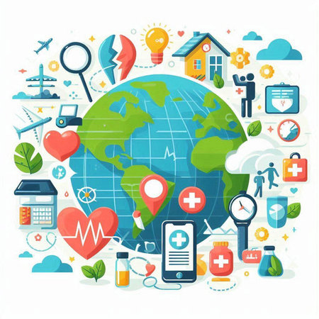 Flat design vector illustration concept of global healthcare and medical services.のイラスト素材