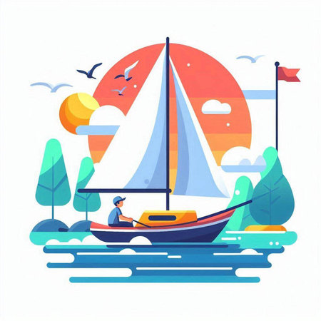 Sailing boat on the sea. Vector illustration in flat style.のイラスト素材