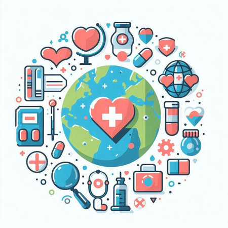Vector illustration of globe with medical icons around. World health day concept.のイラスト素材