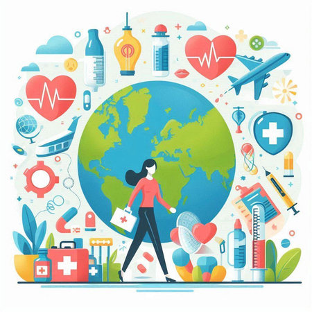 Vector flat illustration of world health day concept with woman walking on earth globeのイラスト素材