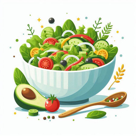 Vegetable salad in bowl with avocado, tomatoes, olives and herbs. Healthy food vector illustration.のイラスト素材