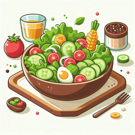 Salad with cucumber, tomato and onion in bowl. Vector illustration.のイラスト素材