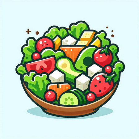 Healthy vegetable salad in bowl. Vector illustration in cartoon style.のイラスト素材