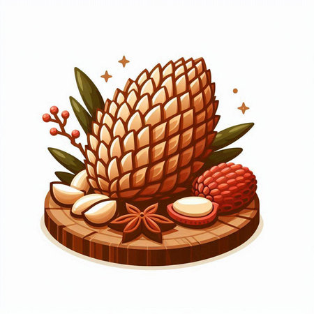 Illustration of a pine cone with tropical fruits on a white backgroundのイラスト素材