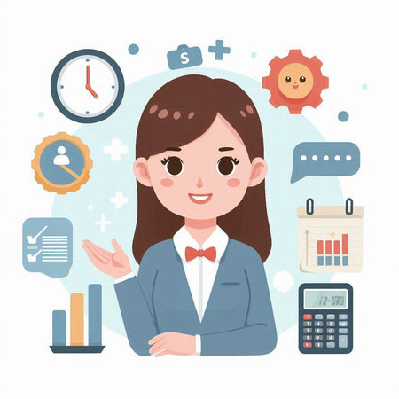 Business woman with business icons on white background. Vector Illustration.のイラスト素材