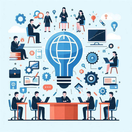 Vector illustration of business people working in office. Teamwork and brainstorming concept.のイラスト素材