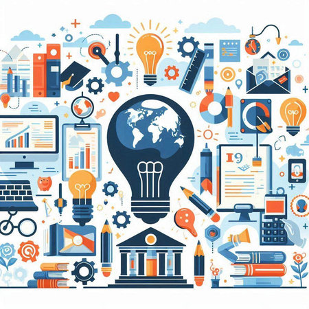 Flat design modern vector illustration concept of education and learning, knowledge and wisdom, e-learning, online courses, webinar, webinar, tutorials.のイラスト素材