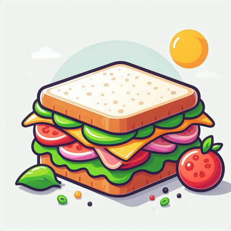Sandwich with ham, cheese, tomato, cucumber and lettuce. Vector illustration.のイラスト素材