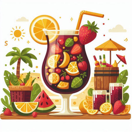 Summer cocktail with fruits and berries. Vector illustration. Flat style.のイラスト素材