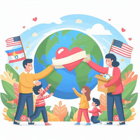 Happy family with globe and USA flag. Flat style vector illustration.のイラスト素材