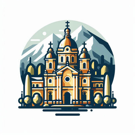 Church in the mountains. Vector illustration in retro style on white background.のイラスト素材