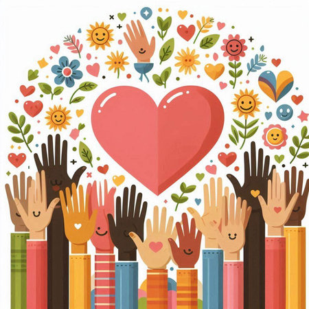 Vector illustration of group of people hands with heart shape, love conceptのイラスト素材