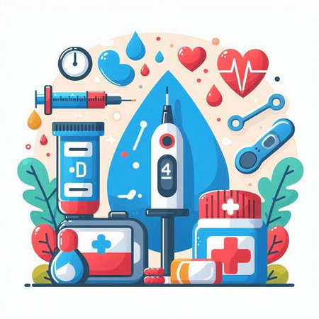 Medical flat vector illustration. Medical equipment, pills, capsules, thermometer, syringe, first aid kit. Medicine and healthcare concept.のイラスト素材