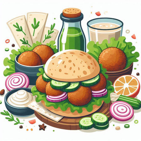 Vector illustration of a hamburger, lettuce, cucumber, tomato and mayonnaise.のイラスト素材