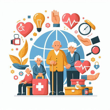 Elderly people with different health care symbols. Vector illustration in flat styleのイラスト素材