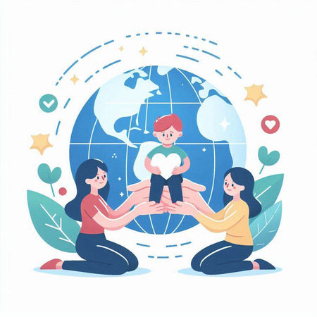 Mothers day concept. Flat illustration of mother and son holding hands around the worldのイラスト素材