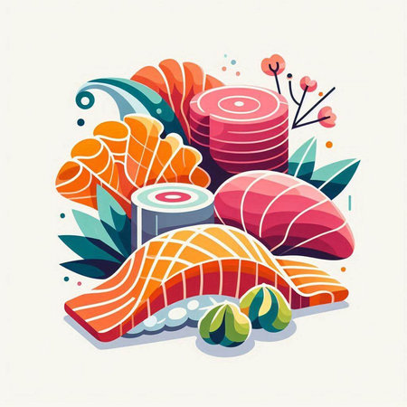 Illustration of salmon sashimi, japanese food.のイラスト素材