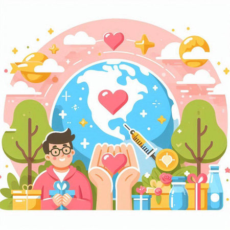 Flat design vector illustration concept of Valentine's Day. Happy man holding a gift in his hands.のイラスト素材