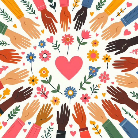 Human hands with heart and flowers. Vector illustration in flat style.のイラスト素材