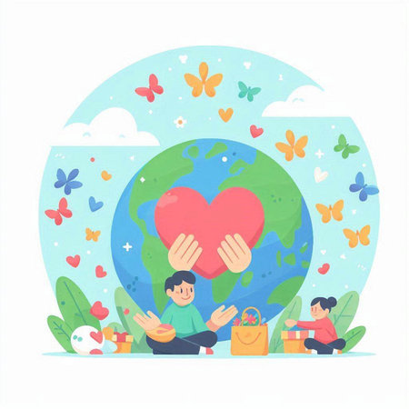Vector illustration of a little girl and a boy with a big red heart on the background of the planetのイラスト素材