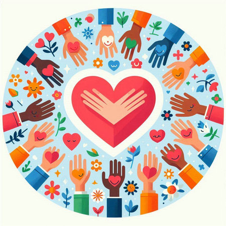 Hands of people around the heart. Vector illustration in flat styleのイラスト素材