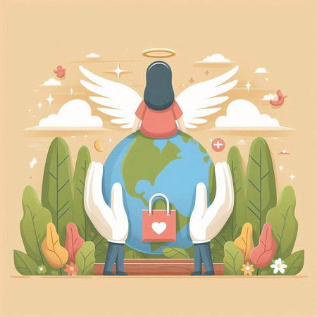 Planet earth with angel wings and lock. Vector illustration in flat styleのイラスト素材