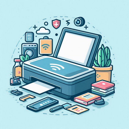 Vector illustration of a printer with mobile phone, tablet, laptop and other devices on a blue background.のイラスト素材