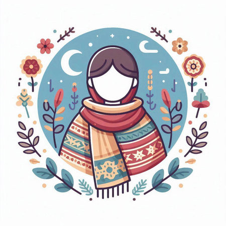 Vector illustration of a girl in a warm scarf and hat with a pattern of flowersのイラスト素材
