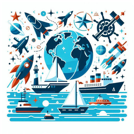 Vector illustration of a set of space elements. Rocket ship, globe, stars, rocket, ship, ship, ship, ship, ship.のイラスト素材