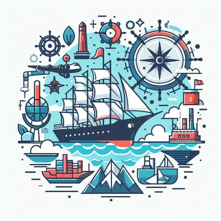 Vector illustration of sea and nautical theme in thin line style.のイラスト素材