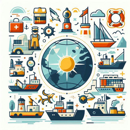 Vector flat illustration of sea transportation and travel. Cargo ship, shipyard, seaport, shipyard, nautical vessel, cruise liner. Concept for web banners, printed materials.のイラスト素材