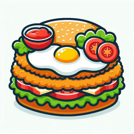 Sandwich with fried egg, tomato and lettuce. Vector illustration.のイラスト素材